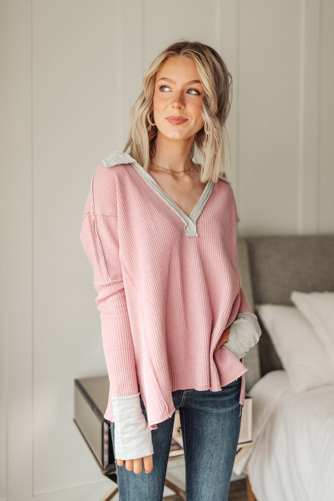 334 Boutique Mia Waffle Knit Long Sleeve In Pink